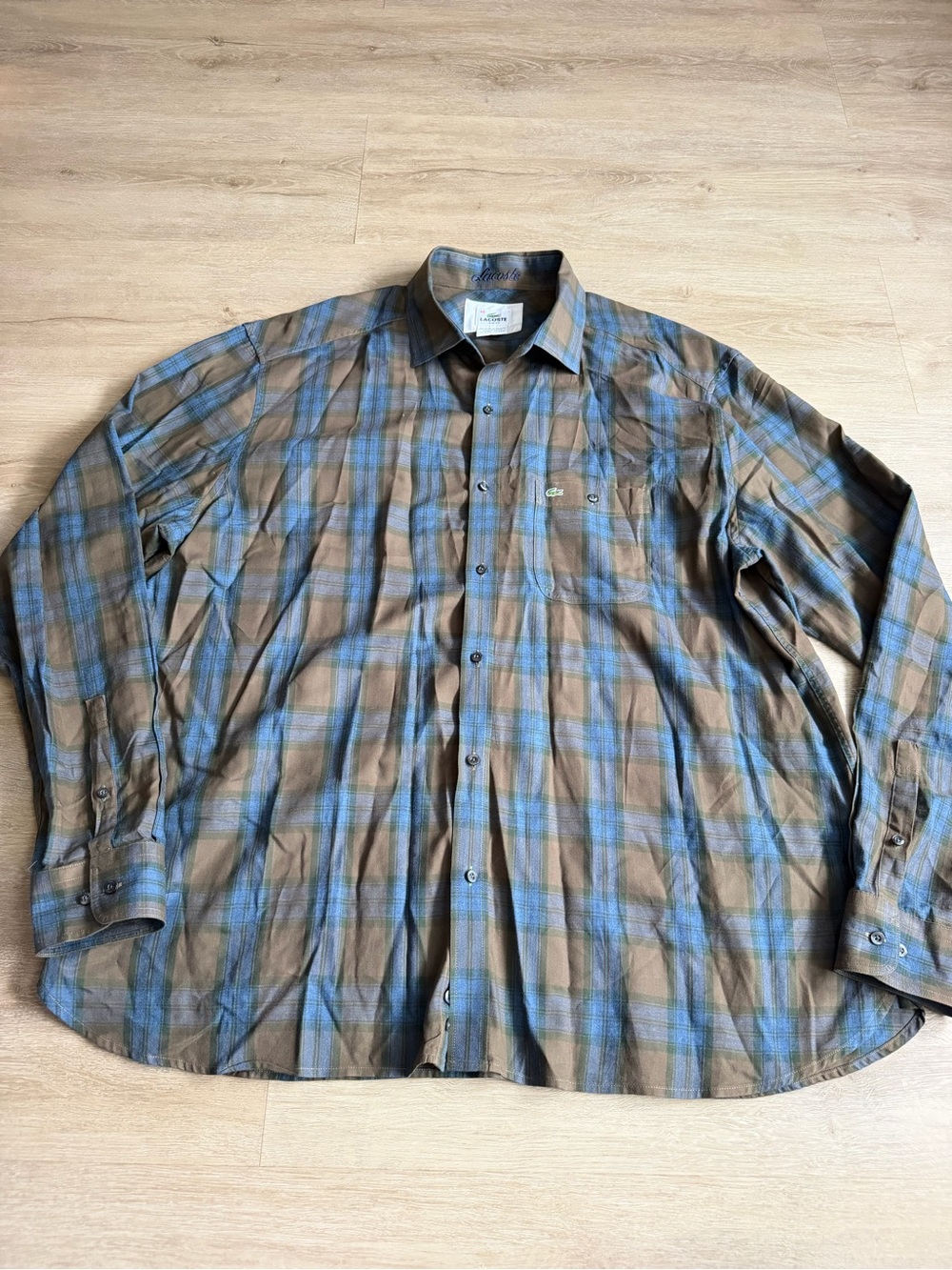 Lacoste Men’s Button Down Plaid Blue Brown Classic SZ 46